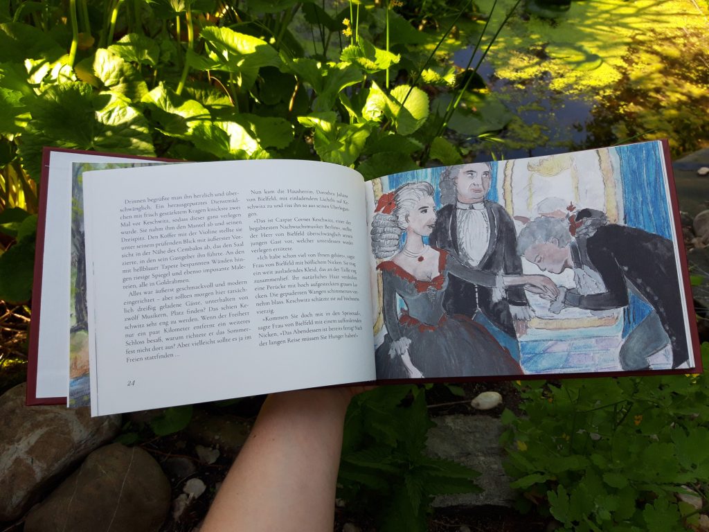 Blick ins Buch “Wasserspiele” von Marlene Hofmann: Hier eine Illustration der Geschichte “Konzert mit Fischen”.