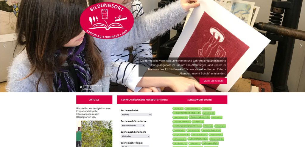 Screenshot des Suchportals Bildungsort Altenburger Land mit Ausflugstipps für Schulklassen