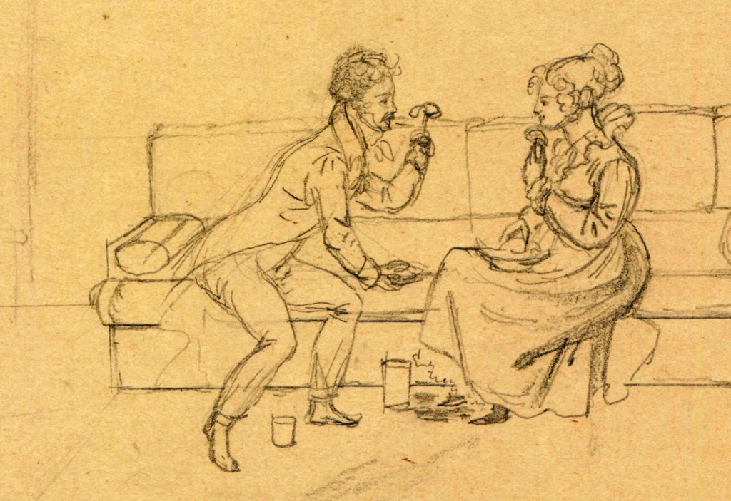 Ausschnitt aus einer Bleistiftzeichnung Ernst Welkers: Der Maler Ernst Welker und Emilie von Binzer auf einem Sofa.